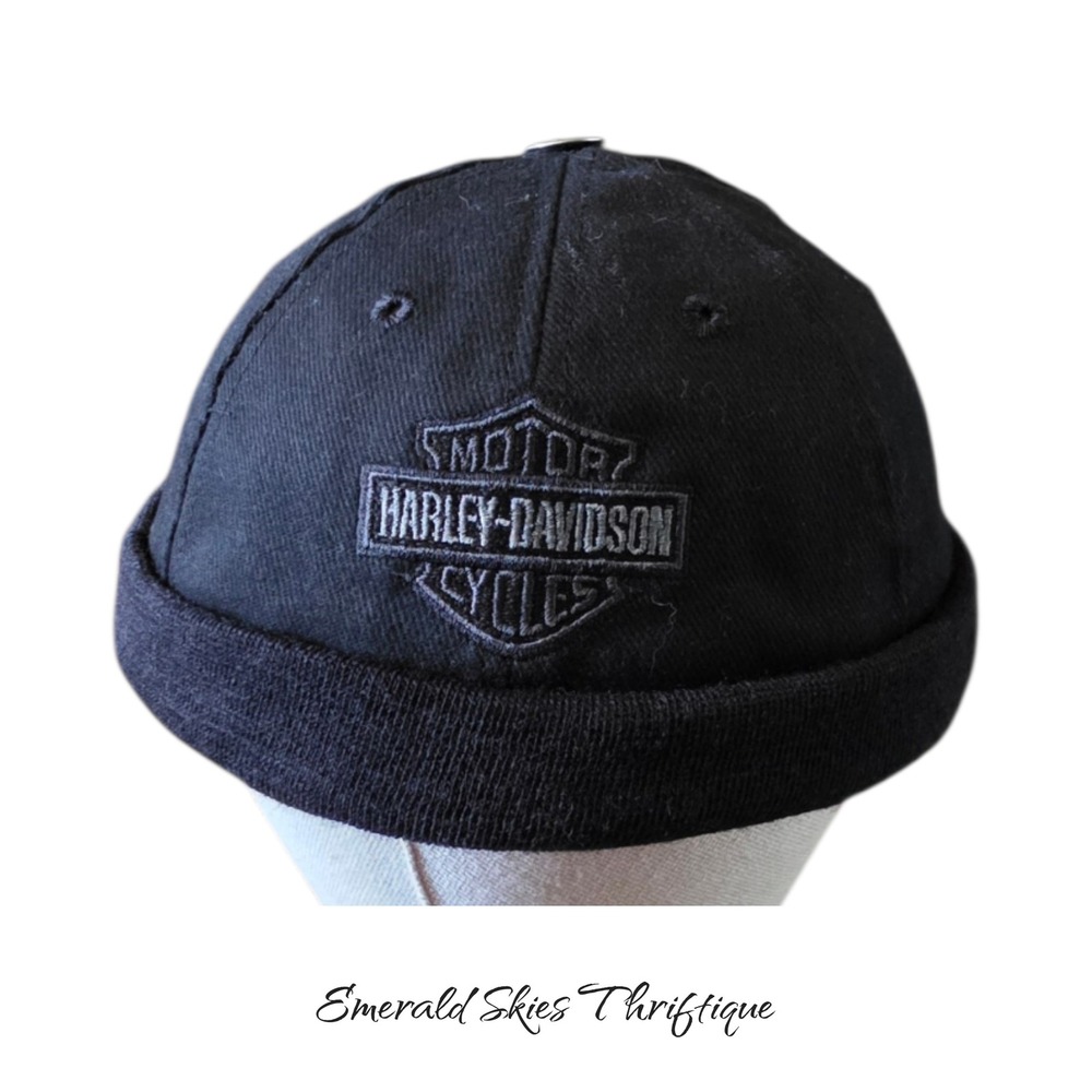 VTG Harley-Davidson Roll Cuff Skull Cap Black Bar Shield Biker Hat Made In USA
